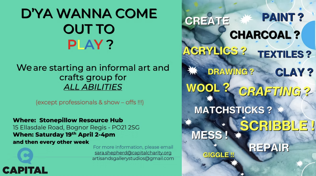 CAPITAL Saturday Art Group poster all abilities at Stonepillow resource Hub every other Saturday